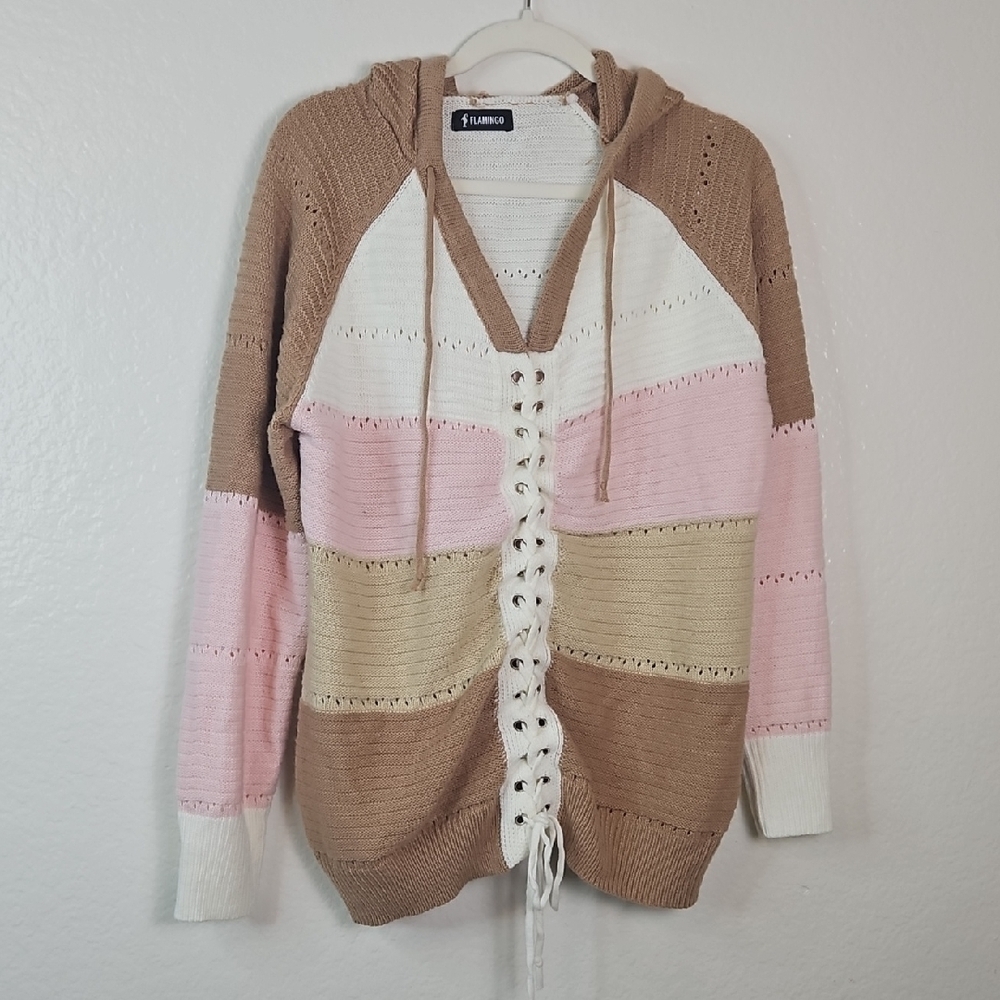 Flamingo Colorblock Knit Hoodie Sweater Women’s XL Lace-  Pink, Cream, and Tan